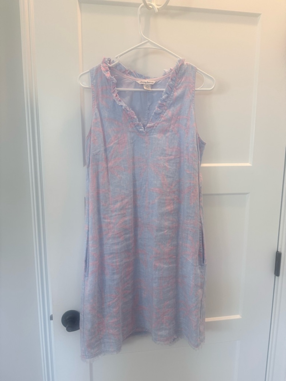 Tommy Bahama Sleeveless Blue & Pink Shift Dress with Ruffle V-Neck